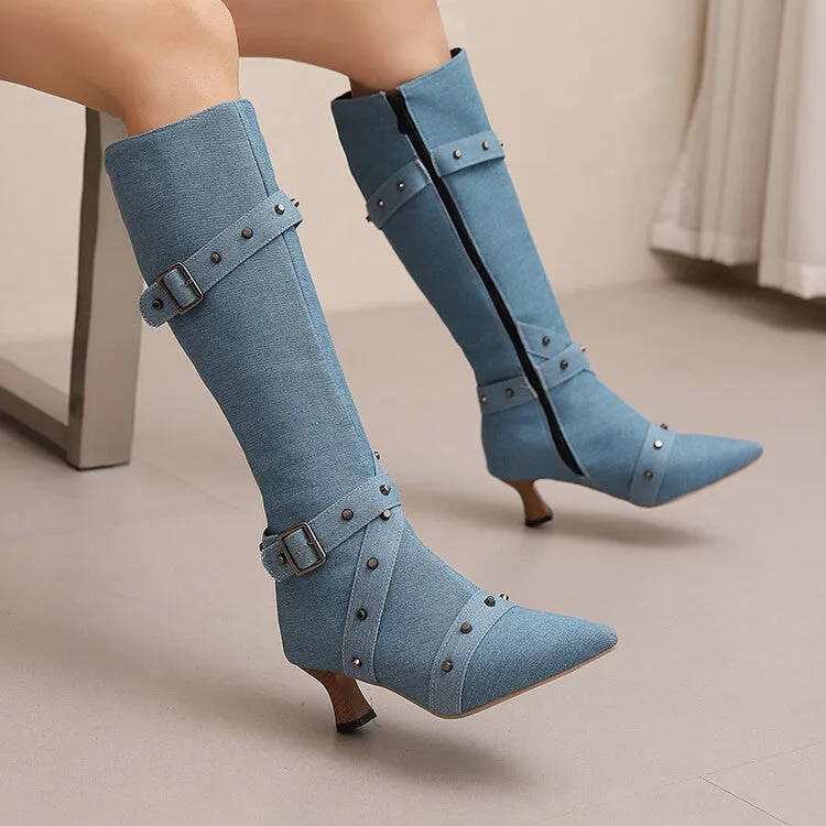 Women's Rivets Pointed Toe Hoof Heel Knee-High Boots