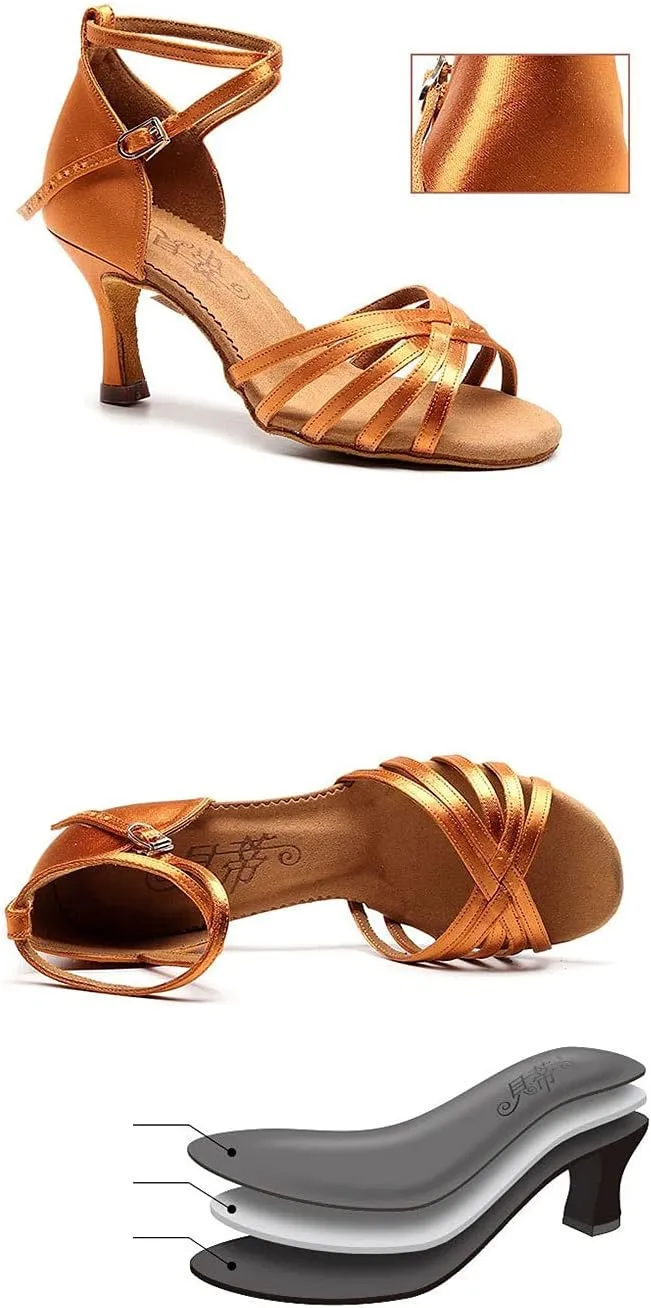 Women's Satin Latin Dance Shoes, Salsa Tango Dancing Shoes, for Wedding Party Prom (Color : Brown 5.5cm, Size : 8.5)