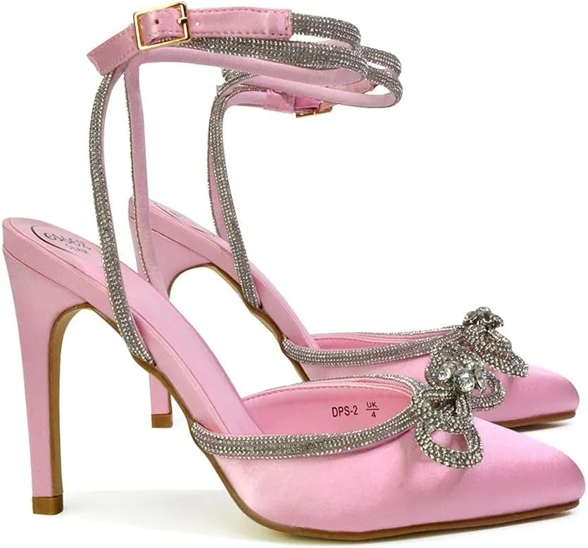 Womens Wrap Around Rhinestones Bow Ladies Pointed Toe High Heel Bridal Party Court Shoes Size 3 4 5 6 7 8