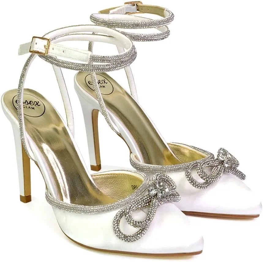 Womens Wrap Around Rhinestones Bow Ladies Pointed Toe High Heel Bridal Party Court Shoes Size 3 4 5 6 7 8