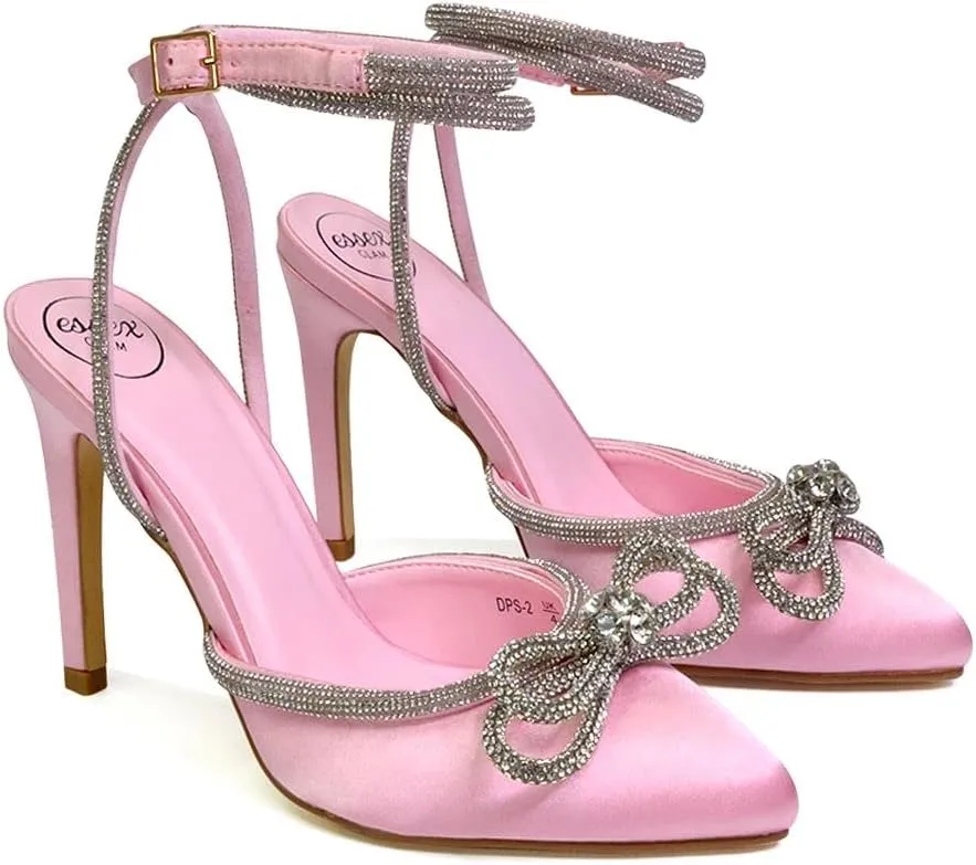 Womens Wrap Around Rhinestones Bow Ladies Pointed Toe High Heel Bridal Party Court Shoes Size 3 4 5 6 7 8