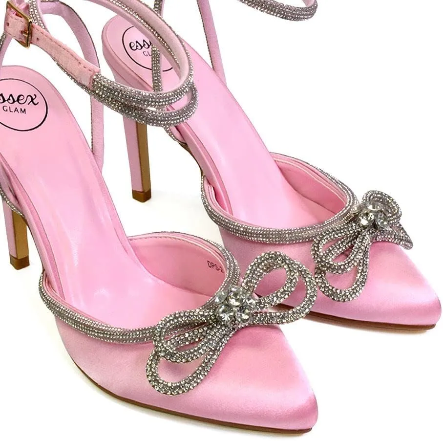 Womens Wrap Around Rhinestones Bow Ladies Pointed Toe High Heel Bridal Party Court Shoes Size 3 4 5 6 7 8