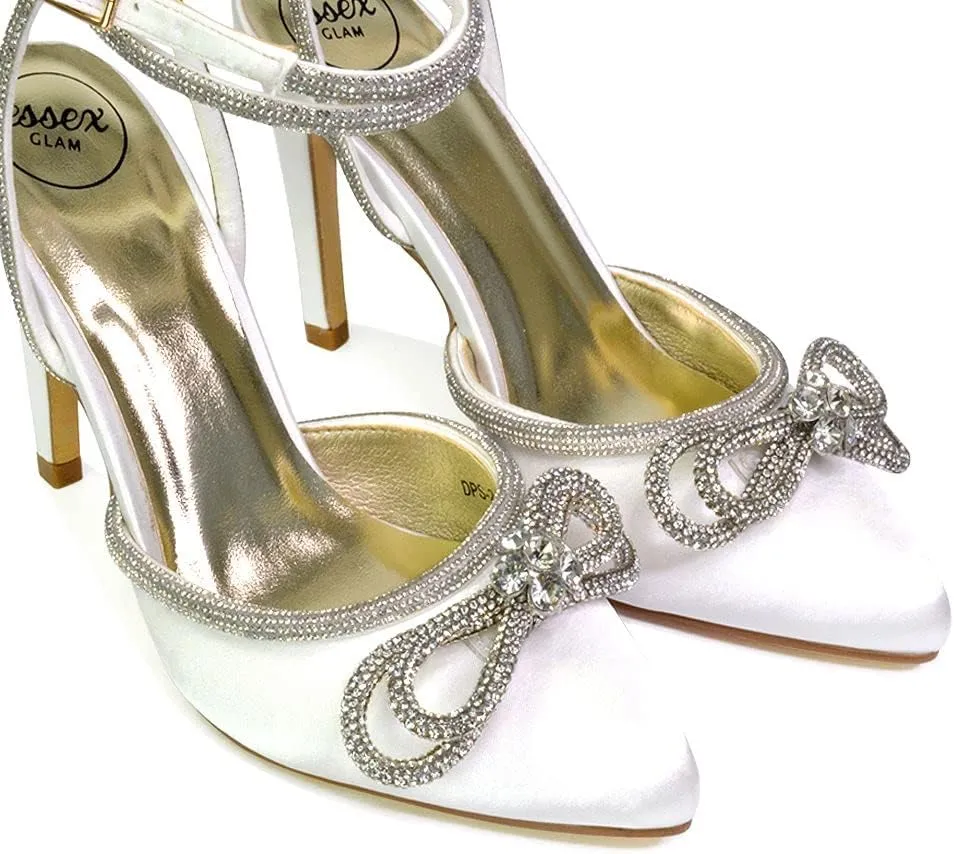 Womens Wrap Around Rhinestones Bow Ladies Pointed Toe High Heel Bridal Party Court Shoes Size 3 4 5 6 7 8
