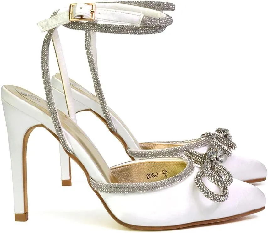Womens Wrap Around Rhinestones Bow Ladies Pointed Toe High Heel Bridal Party Court Shoes Size 3 4 5 6 7 8