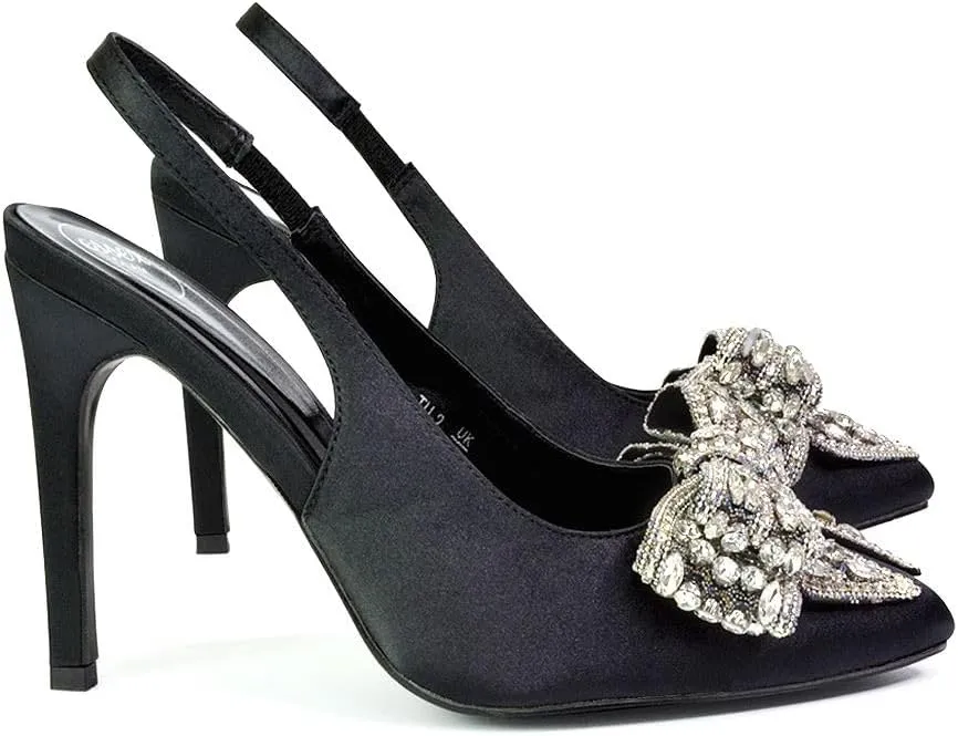 Womens Wrap Around Rhinestones Bow Ladies Pointed Toe High Heel Bridal Party Court Shoes Size 3 4 5 6 7 8