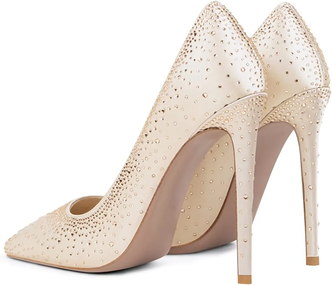 XYD Women's Chic Cloesed Pointed Toe Glitter Rhinestone Studded Slip On Stiletto High Heels Pumps Elegant Sparkly Wedding Bridal Dressy Prom Shoes
