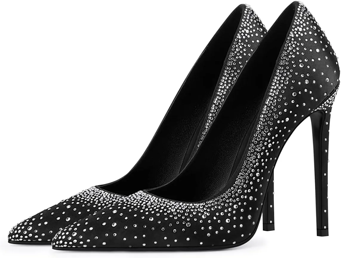 XYD Women's Chic Cloesed Pointed Toe Glitter Rhinestone Studded Slip On Stiletto High Heels Pumps Elegant Sparkly Wedding Bridal Dressy Prom Shoes