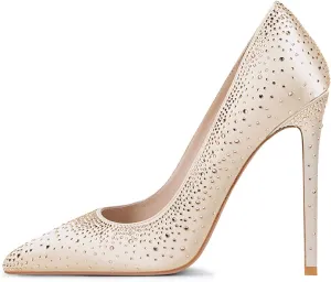XYD Women's Chic Cloesed Pointed Toe Glitter Rhinestone Studded Slip On Stiletto High Heels Pumps Elegant Sparkly Wedding Bridal Dressy Prom Shoes