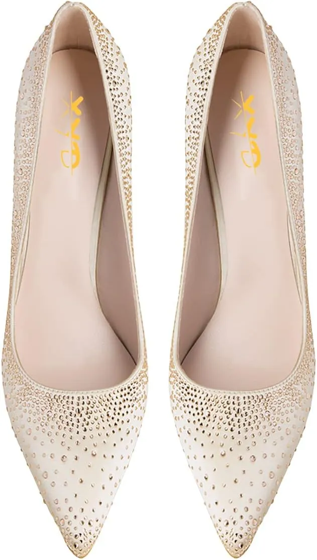 XYD Women's Chic Cloesed Pointed Toe Glitter Rhinestone Studded Slip On Stiletto High Heels Pumps Elegant Sparkly Wedding Bridal Dressy Prom Shoes