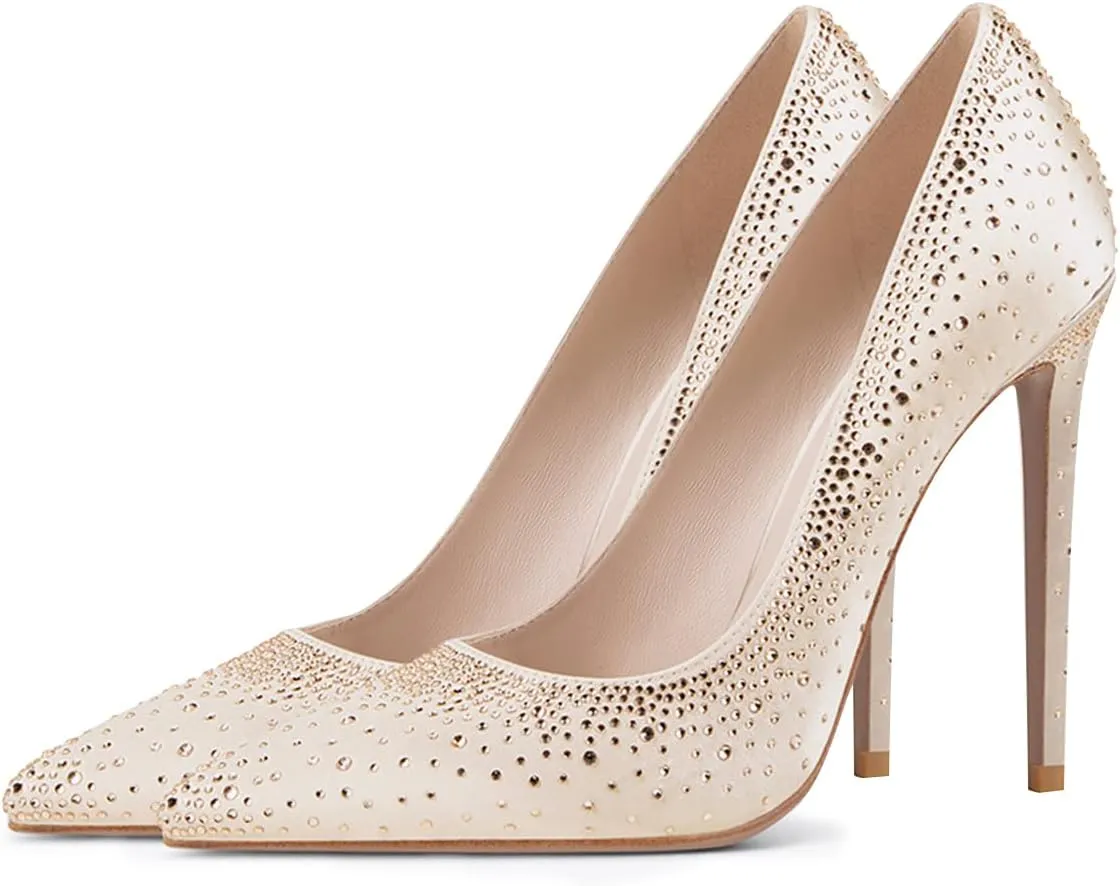 XYD Women's Chic Cloesed Pointed Toe Glitter Rhinestone Studded Slip On Stiletto High Heels Pumps Elegant Sparkly Wedding Bridal Dressy Prom Shoes
