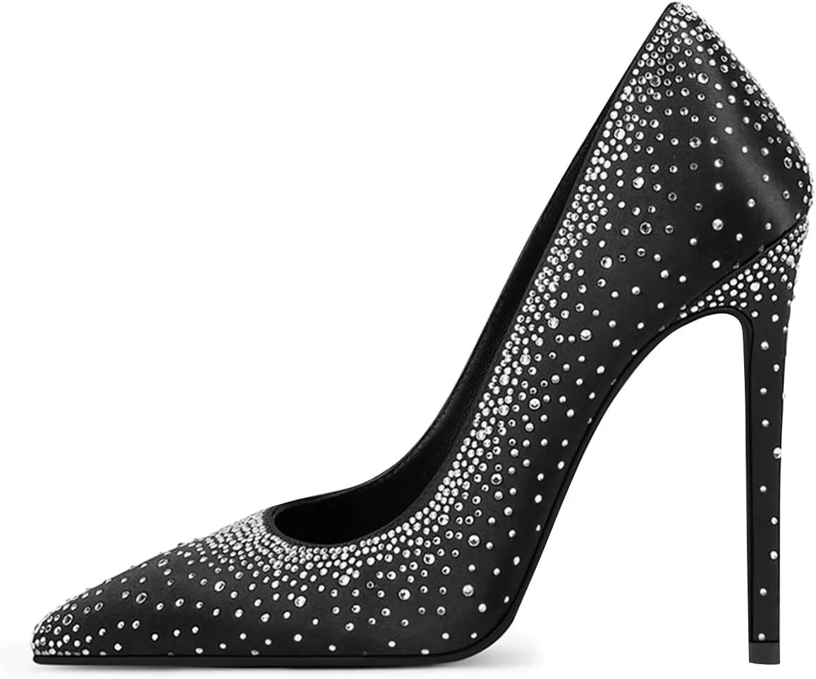 XYD Women's Chic Cloesed Pointed Toe Glitter Rhinestone Studded Slip On Stiletto High Heels Pumps Elegant Sparkly Wedding Bridal Dressy Prom Shoes