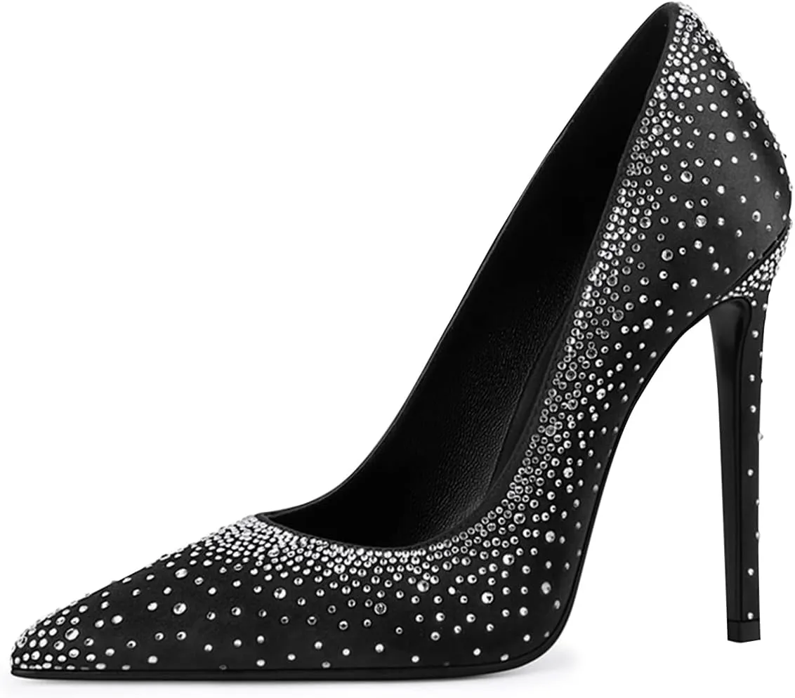 XYD Women's Chic Cloesed Pointed Toe Glitter Rhinestone Studded Slip On Stiletto High Heels Pumps Elegant Sparkly Wedding Bridal Dressy Prom Shoes