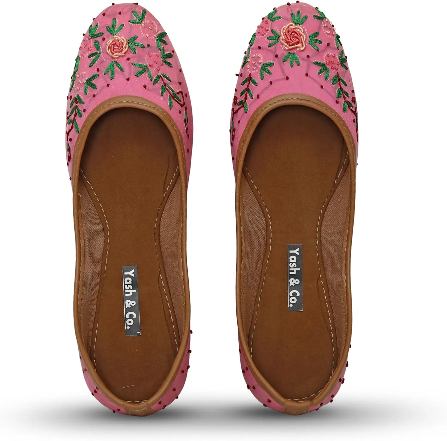 YASH & CO. Women's Rose Floral Embroidered Jutti – Handmade Indian Ethnic Flats