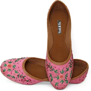 YASH & CO. Women's Rose Floral Embroidered Jutti – Handmade Indian Ethnic Flats