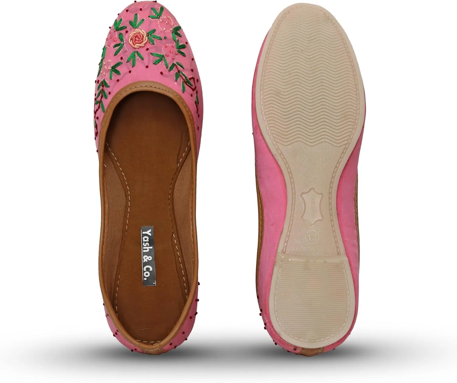 YASH & CO. Women's Rose Floral Embroidered Jutti – Handmade Indian Ethnic Flats