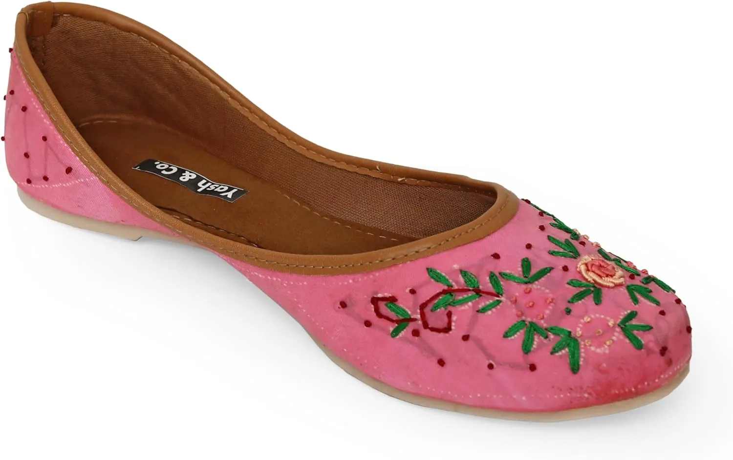 YASH & CO. Women's Rose Floral Embroidered Jutti – Handmade Indian Ethnic Flats